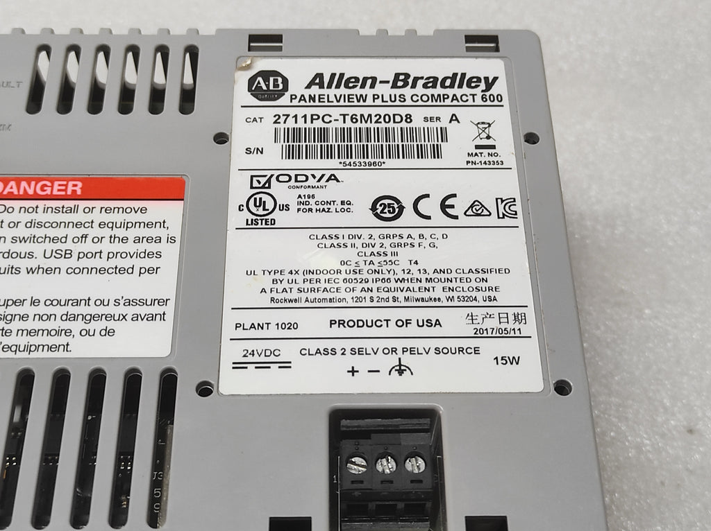 ALLEN BRADLEY PANELVIEW PLUS 600 CAT 2711PC-T6M20D8 24VDC