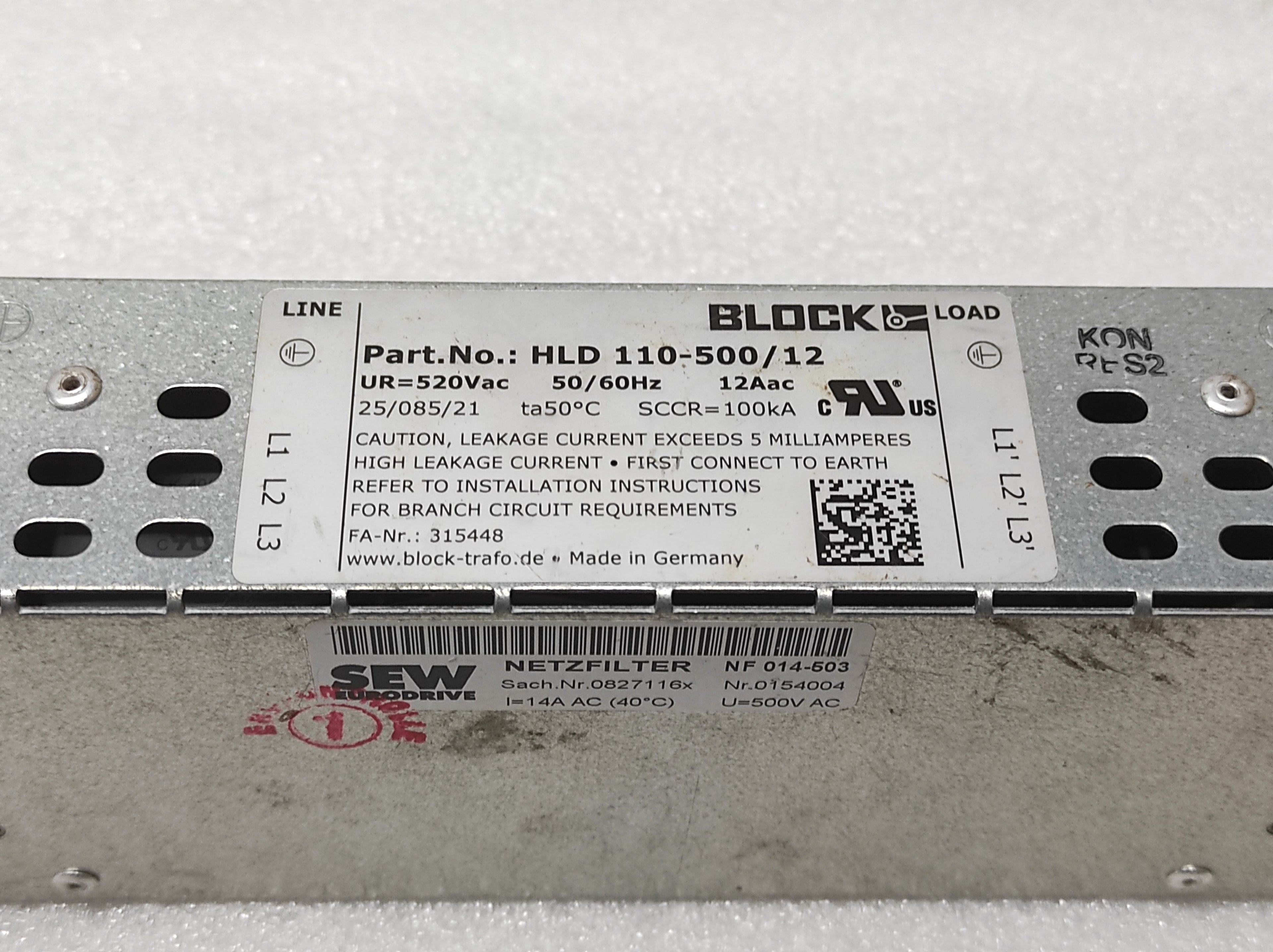BLOCK HLD 110-500/12 POWER LINE FILTER 520VAC 12A
