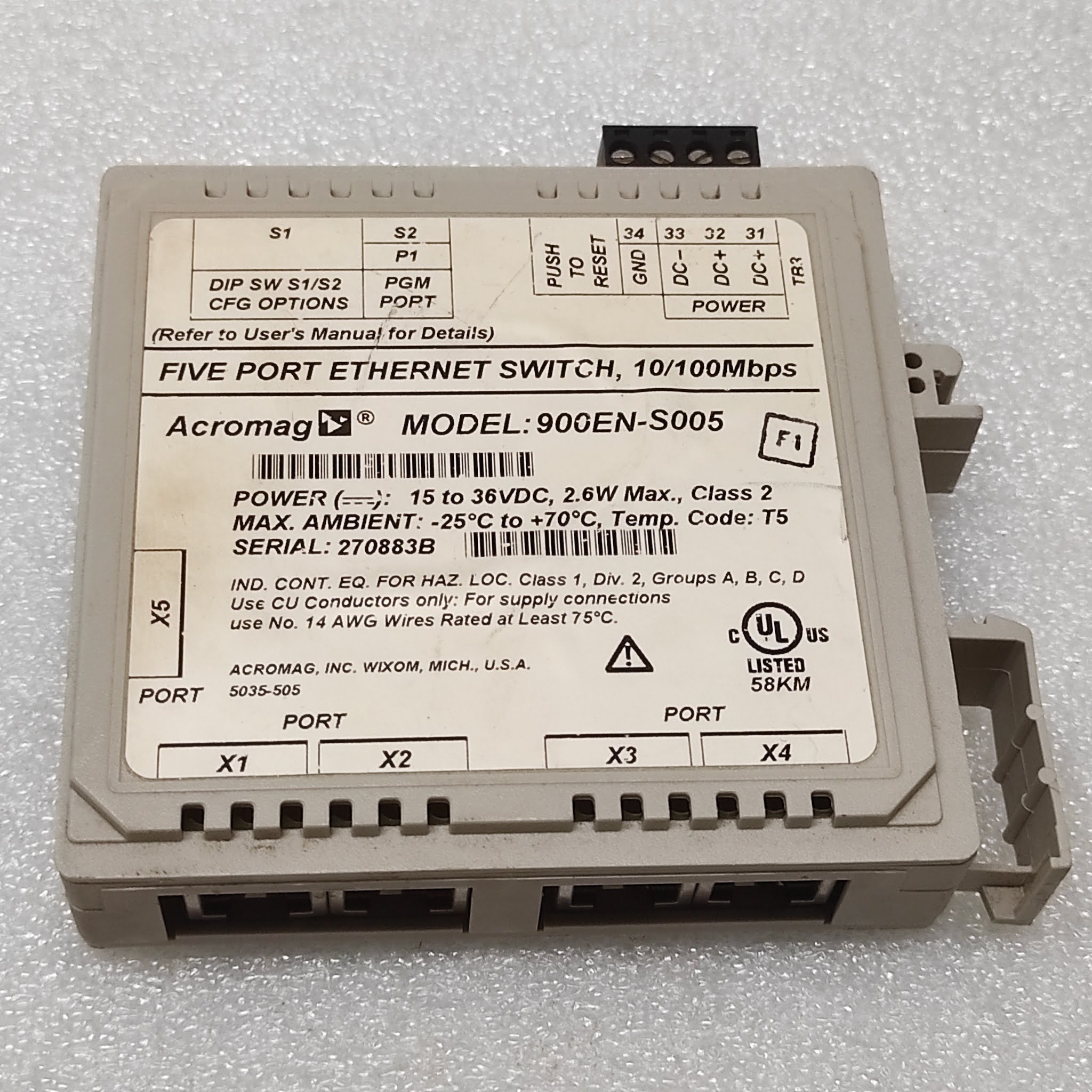 ACROMAG 900EN-S005 ETHERNET SWITCH 15-36VDC