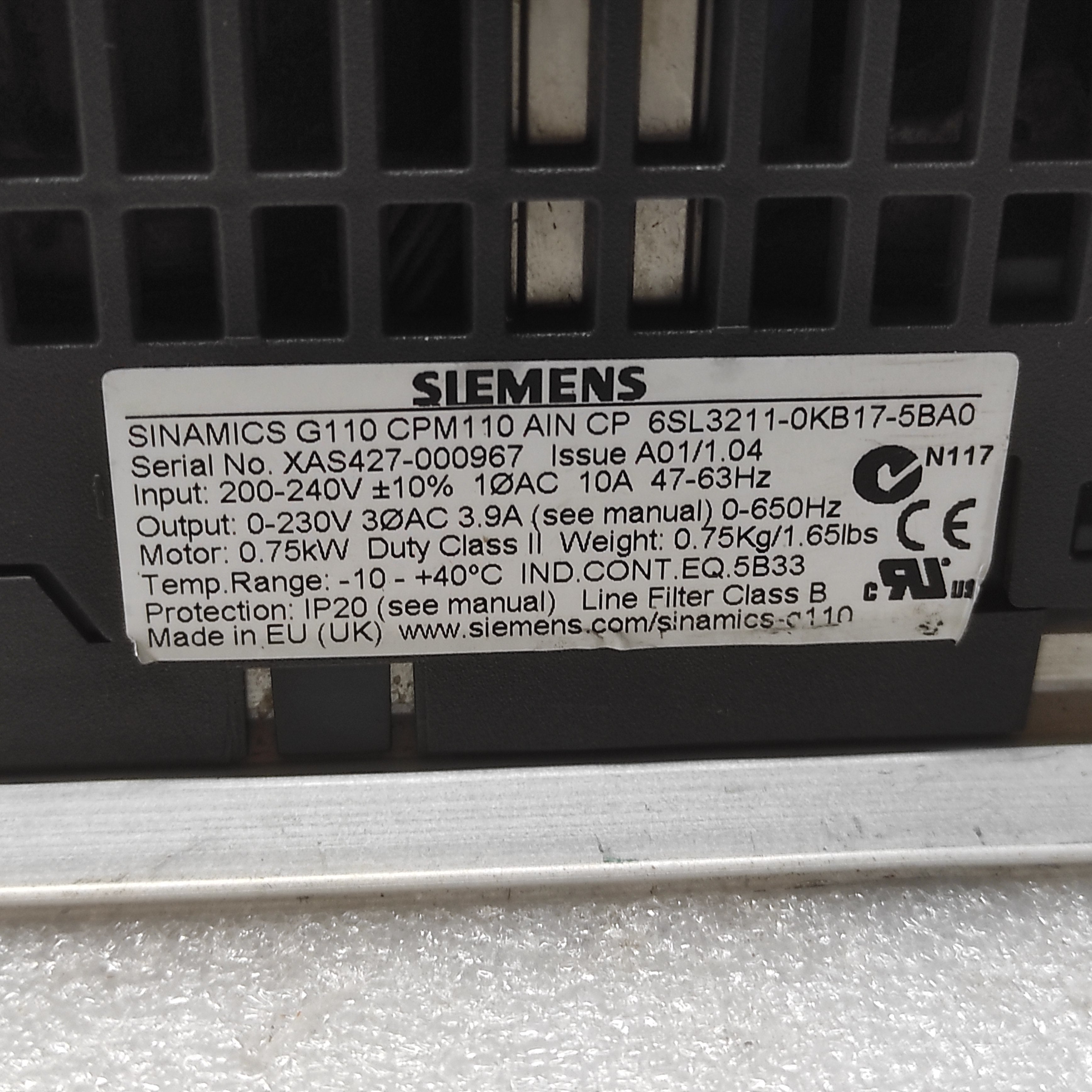 SIEMENS SINAMICS G110 CPM110 0.75kW DRIVE 6SL3211-0KB17-5BA0 200-240V