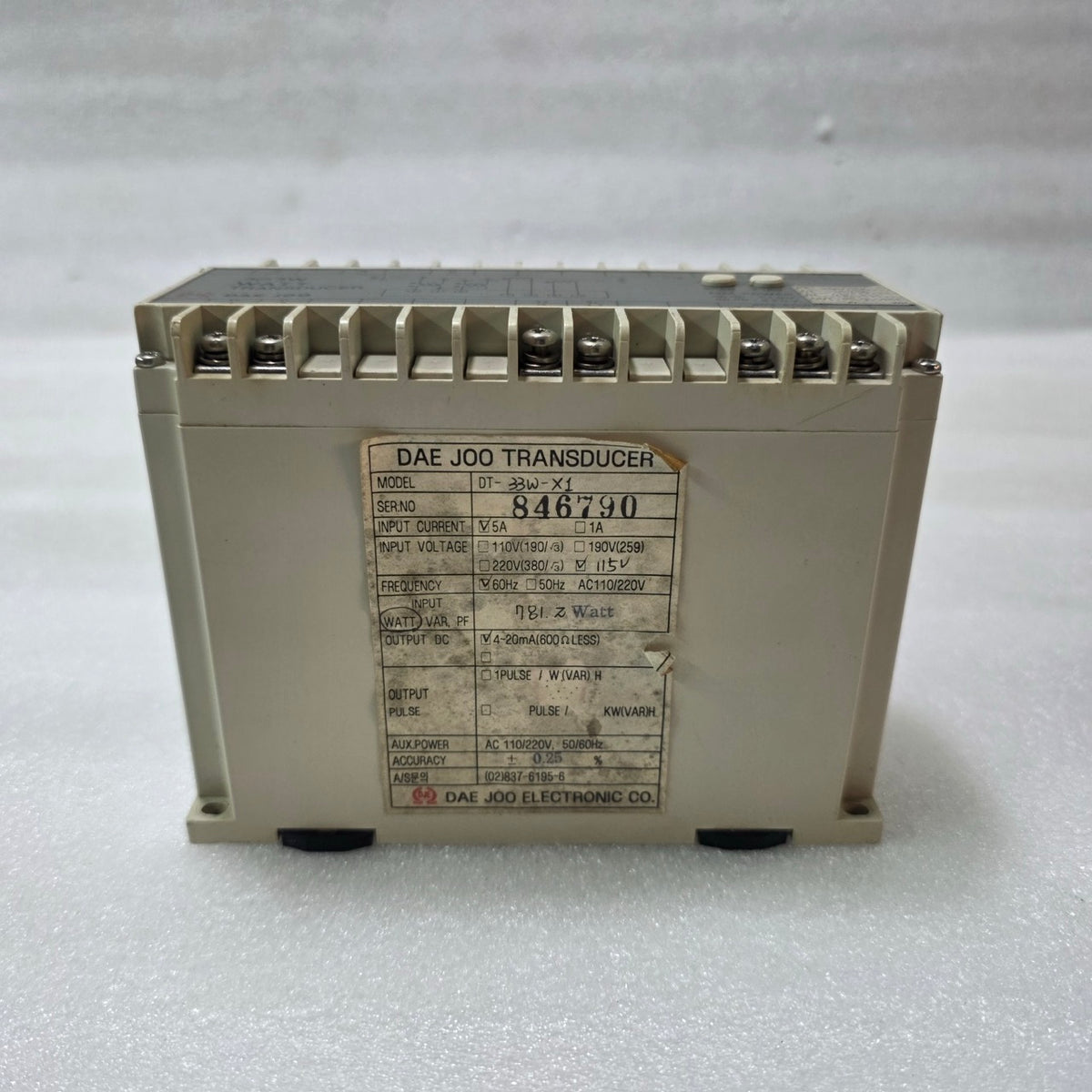 DAE JOO DT-33W-X1 WATT TRANSDUCER 5A 115V 60HZ | 4–20MA OUTPUT | POWER MONITORIN