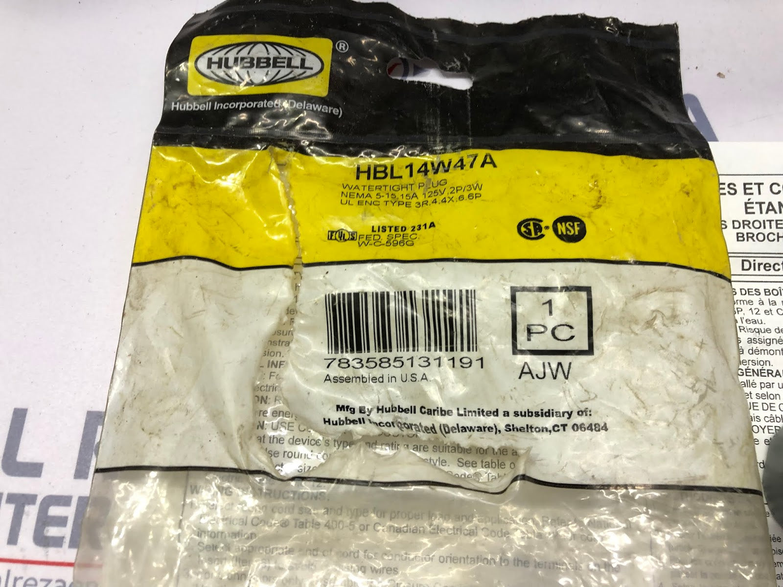 HUBBELL HBL14W47A WATERTIGHT PLUG 125V/15A 2P/3W