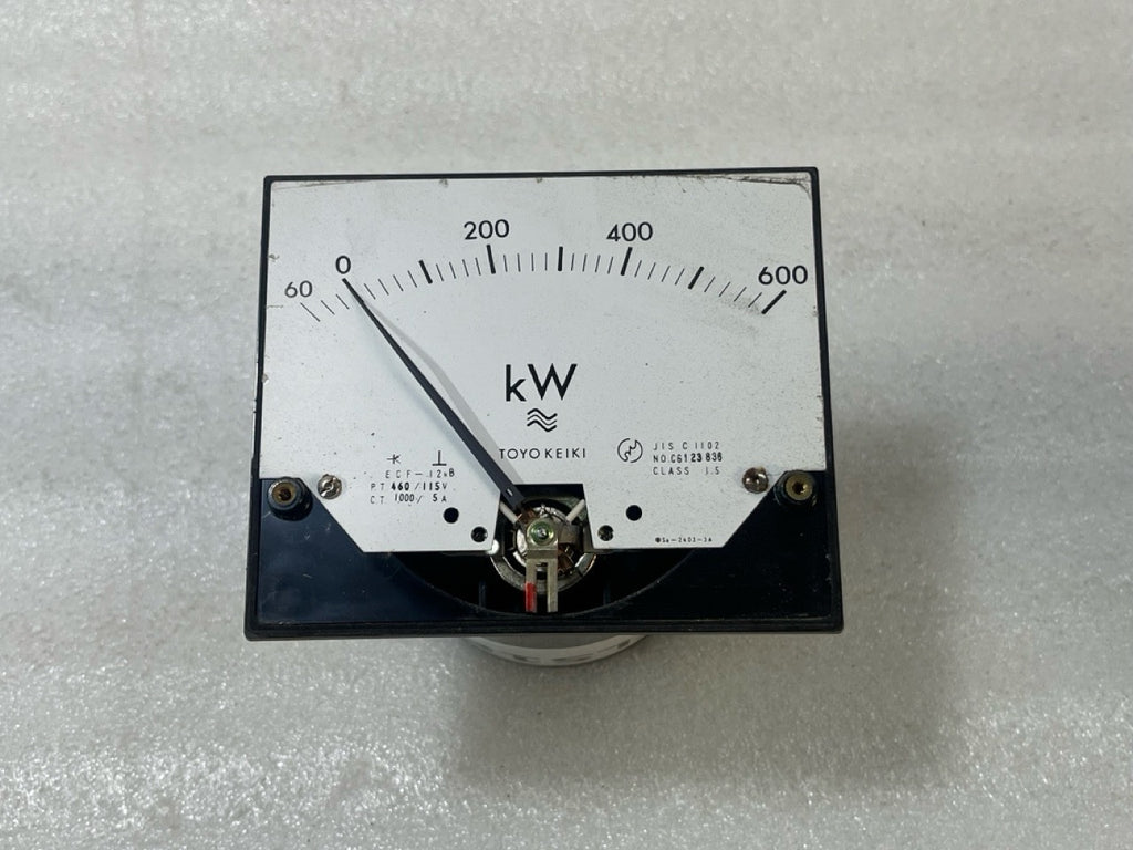 TOYO KEIKI ECF-12NB ANALOG KILOWATT METER 0–600 KW PT 460/115V CT 1000/5A PANEL
