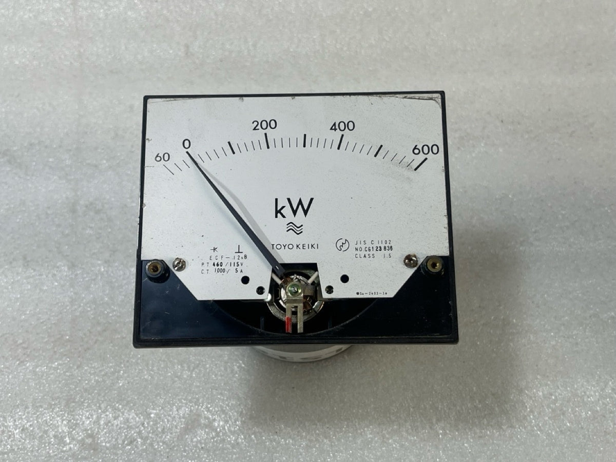 TOYO KEIKI ECF-12NB ANALOG KILOWATT METER 0–600 KW PT 460/115V CT 1000/5A PANEL
