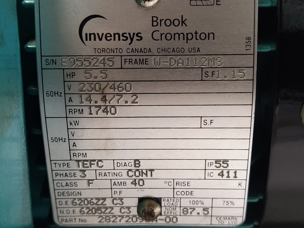 BROOK CROMPTON INVENSYS W-DA112M3 ELECTRIC MOTOR 2827209WH-00 5.5-HP 230/460V 17