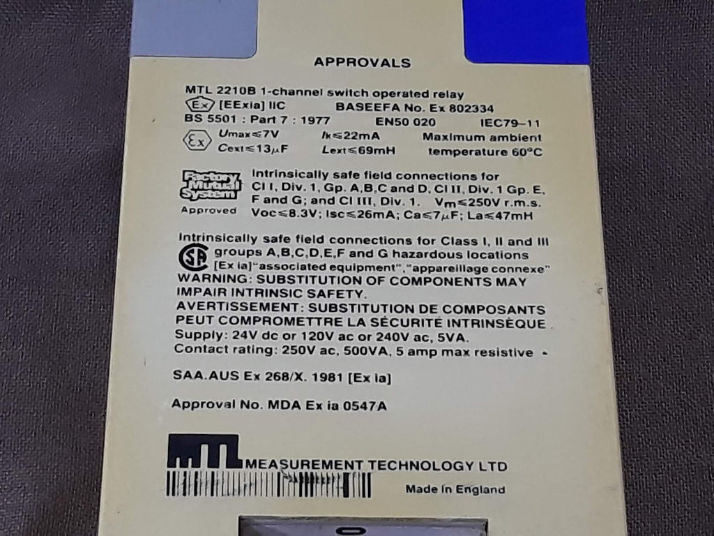 MEASUREMENT TECHNOLOGY MTL 2210B 1 CHANNEL SWITCH OPERATED RELAY
