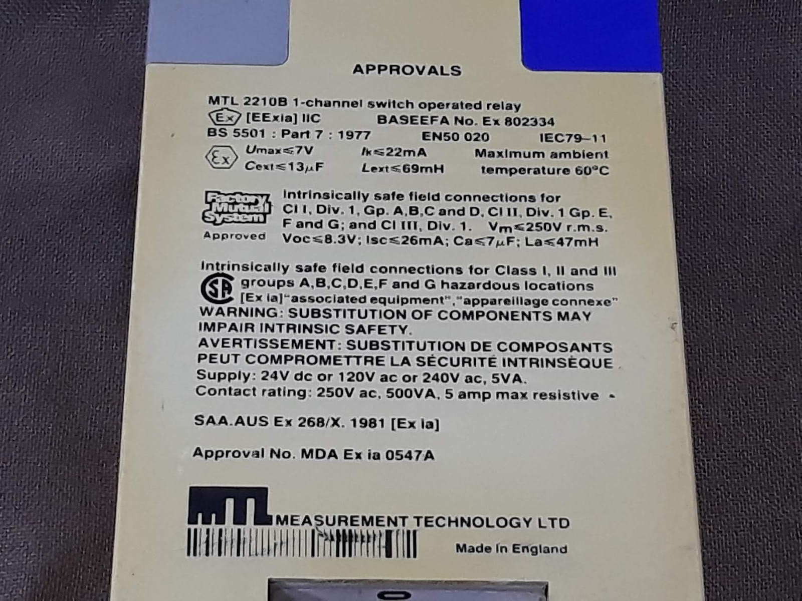 MEASUREMENT TECHNOLOGY MTL 2210B 1 CHANNEL SWITCH OPERATED RELAY