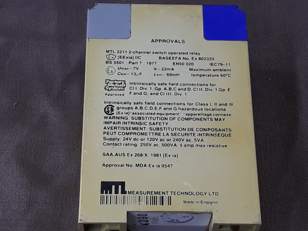 MEASUREMENT TECHNOLOGY MTL 2211 2 CHANNEL INPUT SWITCH RELAY 240V AC MTL2211