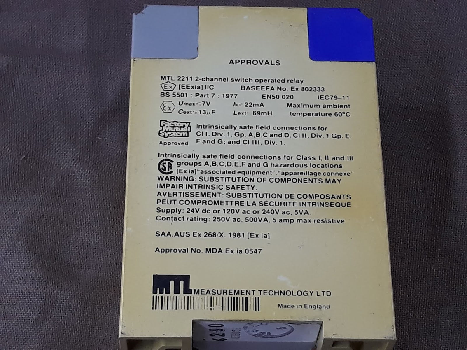 MEASUREMENT TECHNOLOGY MTL 2211 2 CHANNEL INPUT SWITCH RELAY 240V AC MTL2211