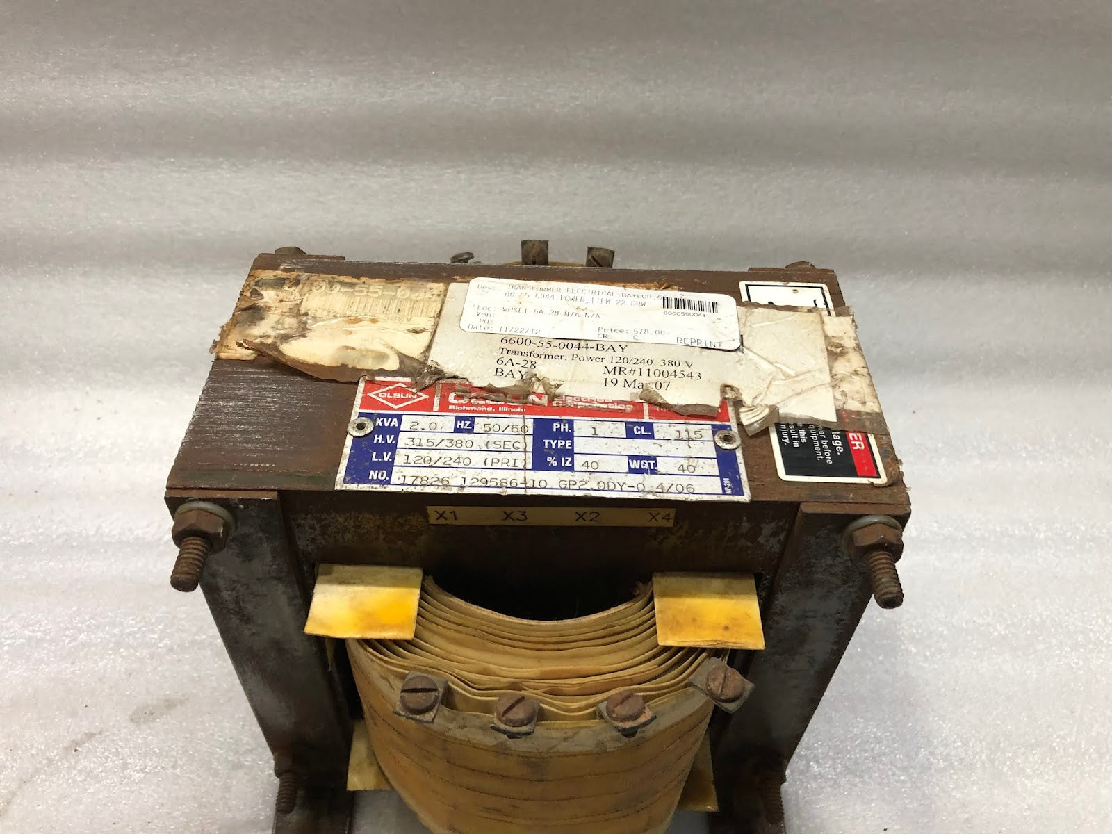 OLSUN TRANSFORMER 17826 129586-10 GP2.0DY-0 4/06 TRANSFORMER 2 KVA 6600550044 12