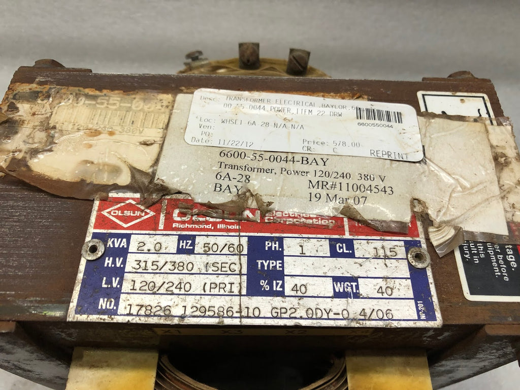OLSUN TRANSFORMER 17826 129586-10 GP2.0DY-0 4/06 TRANSFORMER 2 KVA 6600550044 12