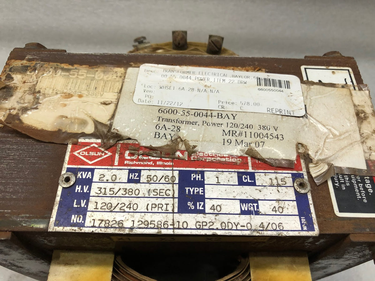 OLSUN TRANSFORMER 17826 129586-10 GP2.0DY-0 4/06 TRANSFORMER 2 KVA 6600550044 12