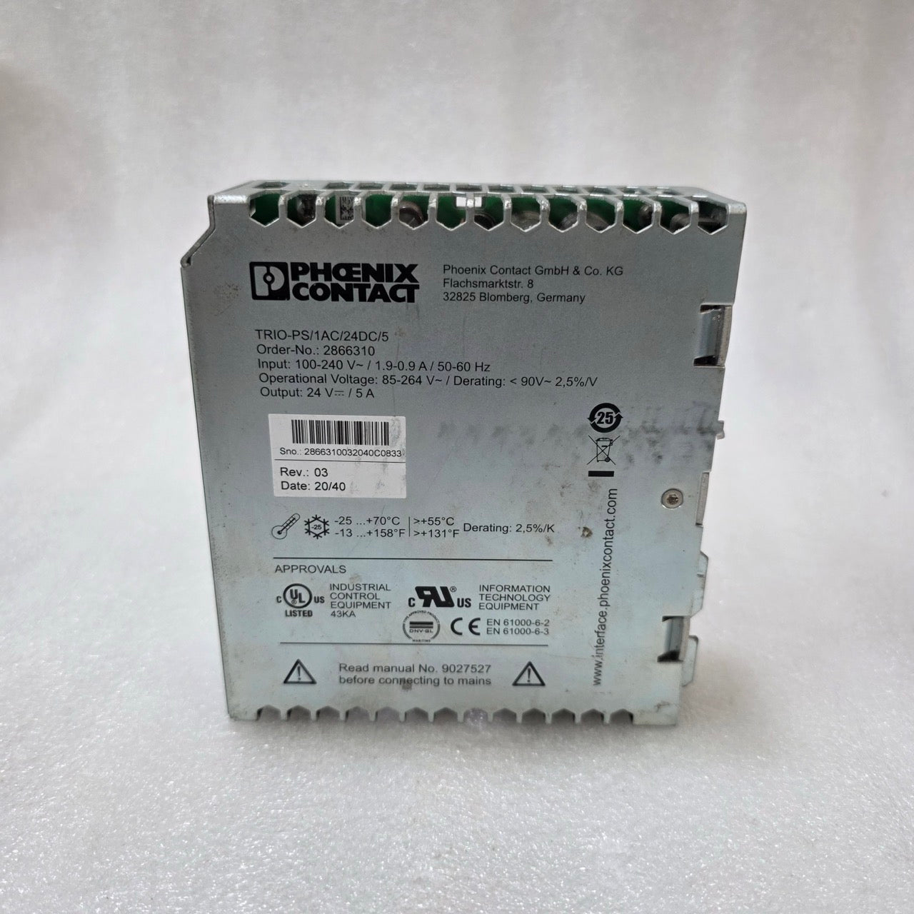 PHOENIX CONTACT TRIO-PS/1AC/24DC/5 POWER SUPPLY 24V 5A DIN RAIL PSU 2866310