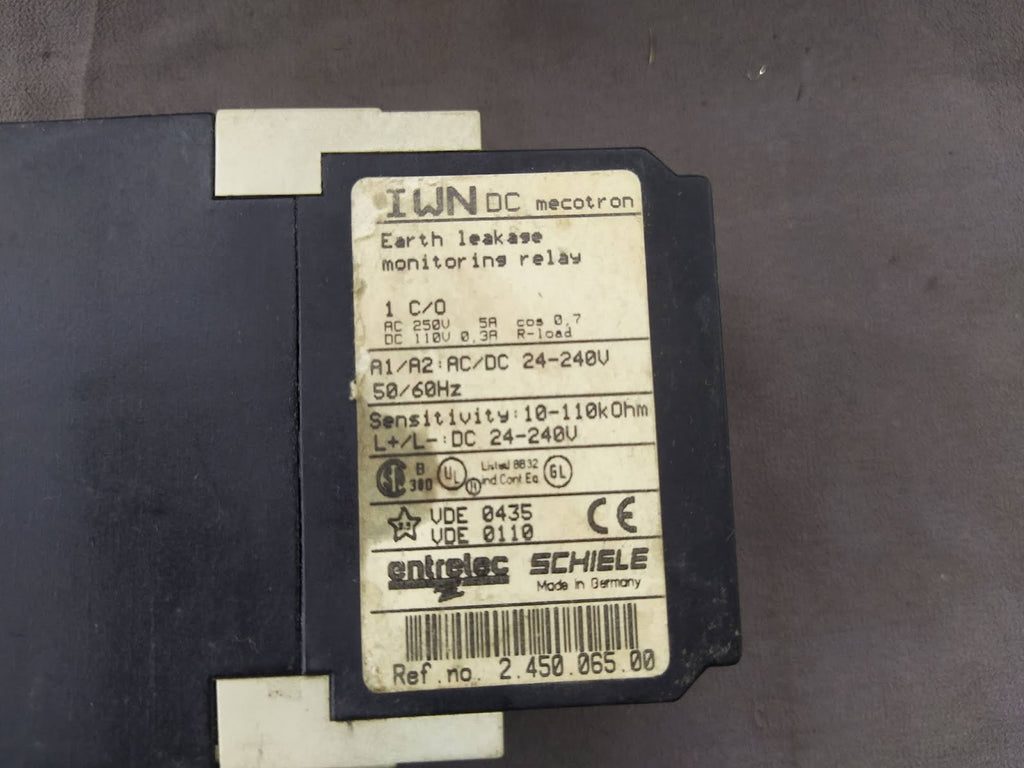 Schiele IWN DC Mecotron 2-450-065-00 Earth Leakage Monitoring Relay 24-240V AC/D