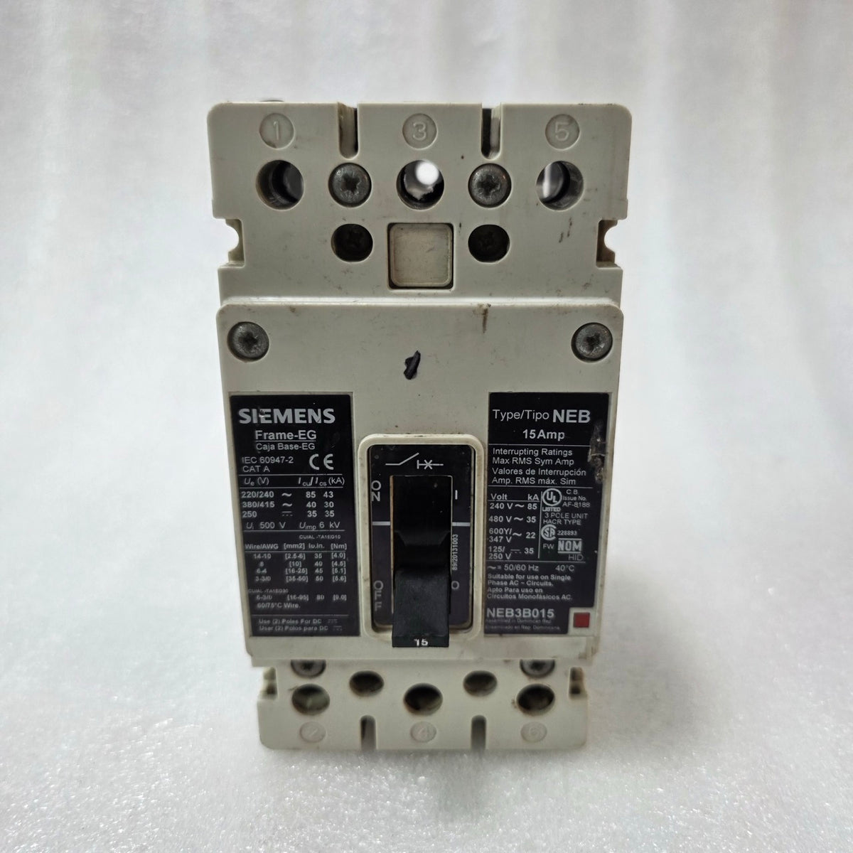 SIEMENS NEB3B015 MCCB 15A 3 POLE CIRCUIT BREAKER | FRAME-EG | 600V AC