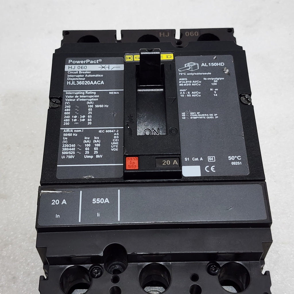 SQUARE D HJ 0 60 POWERPACT CIRCUIT BREAKER 20A HJL36020AACA