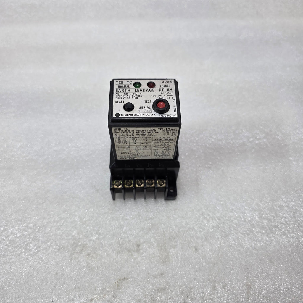 TERASAKI TZS-TC M/0.3 EARTH LEAKAGE RELAY 120-240V 100-500mA 50/60Hz PRE-OWNED