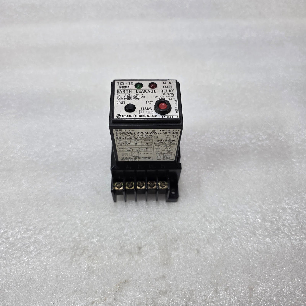 TERASAKI TZS-TC M/0.3 EARTH LEAKAGE RELAY 120-240V 100-500mA 50/60Hz PRE-OWNED