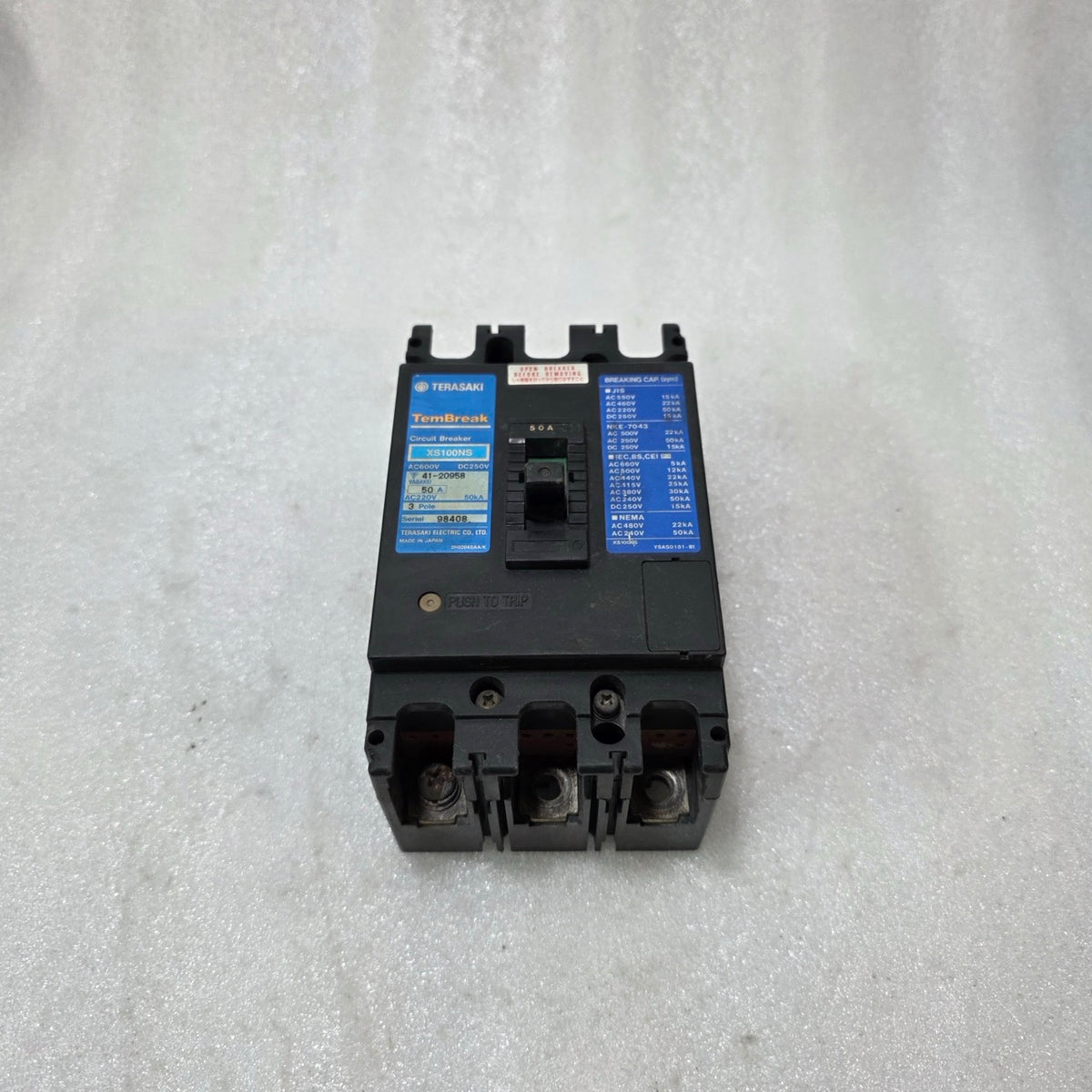 TERASAKI TEMBREAK XS100NS 50A 3 POLE MCCB CIRCUIT BREAKER AC600V / DC250V