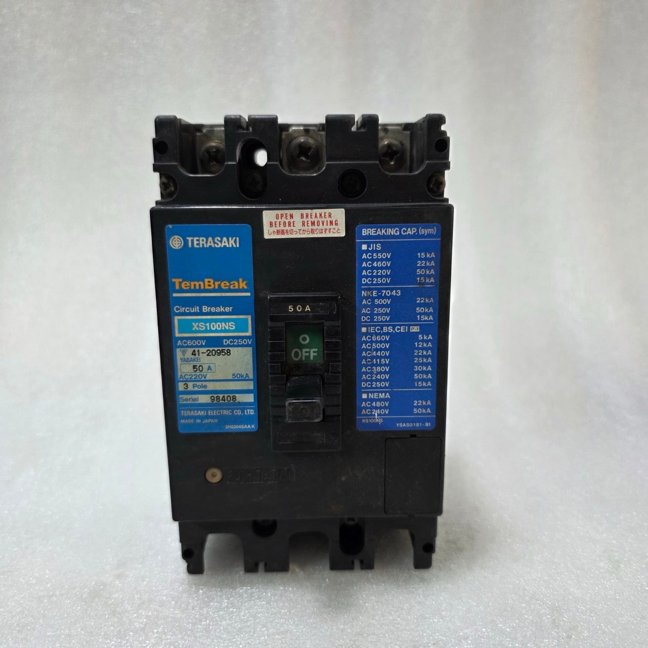 TERASAKI TEMBREAK XS100NS 50A 3 POLE MCCB CIRCUIT BREAKER AC600V / DC250V