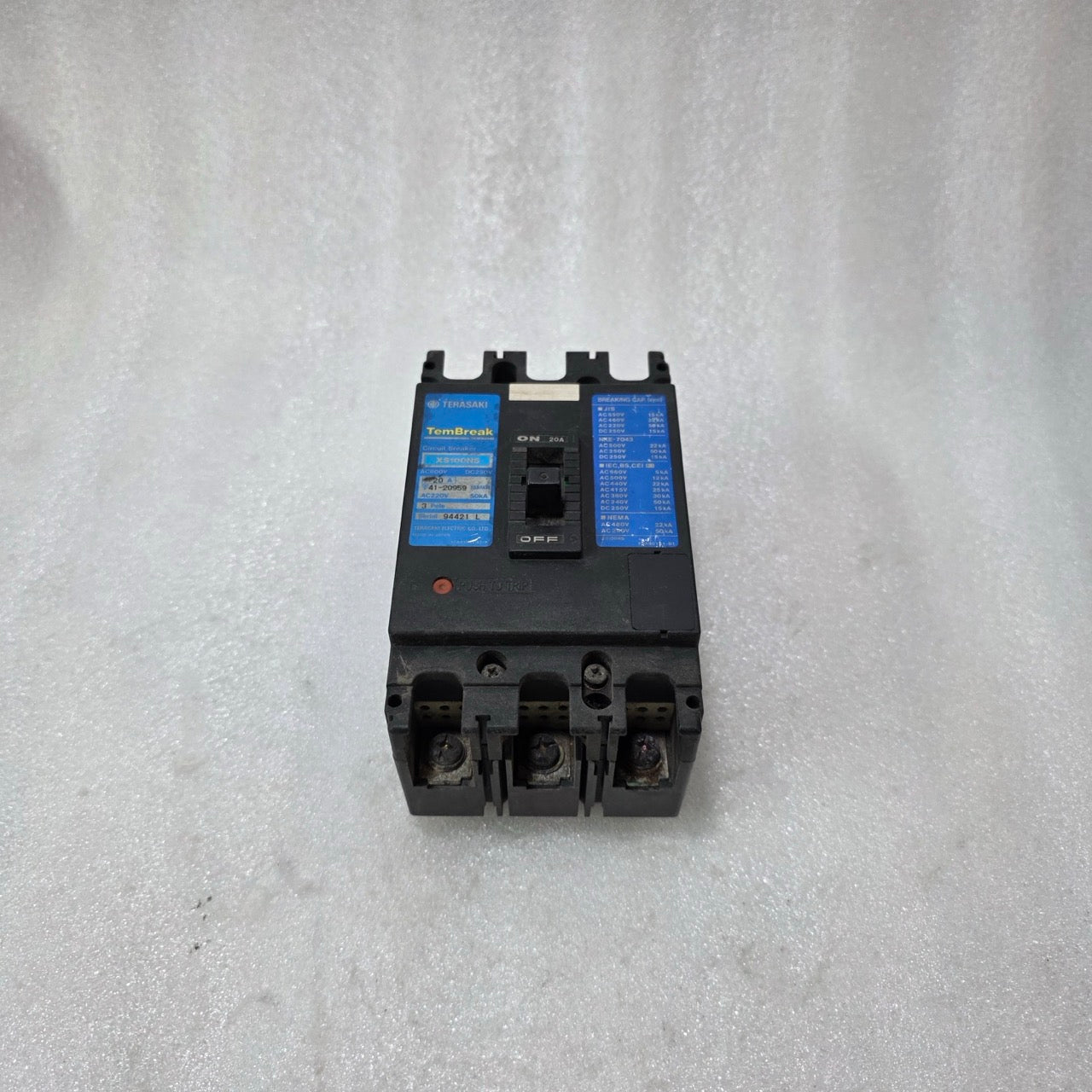 TERASAKI TEMBREAK XS100NS 3 POLE CIRCUIT BREAKER 20A | AC600V / DC250V MCCB