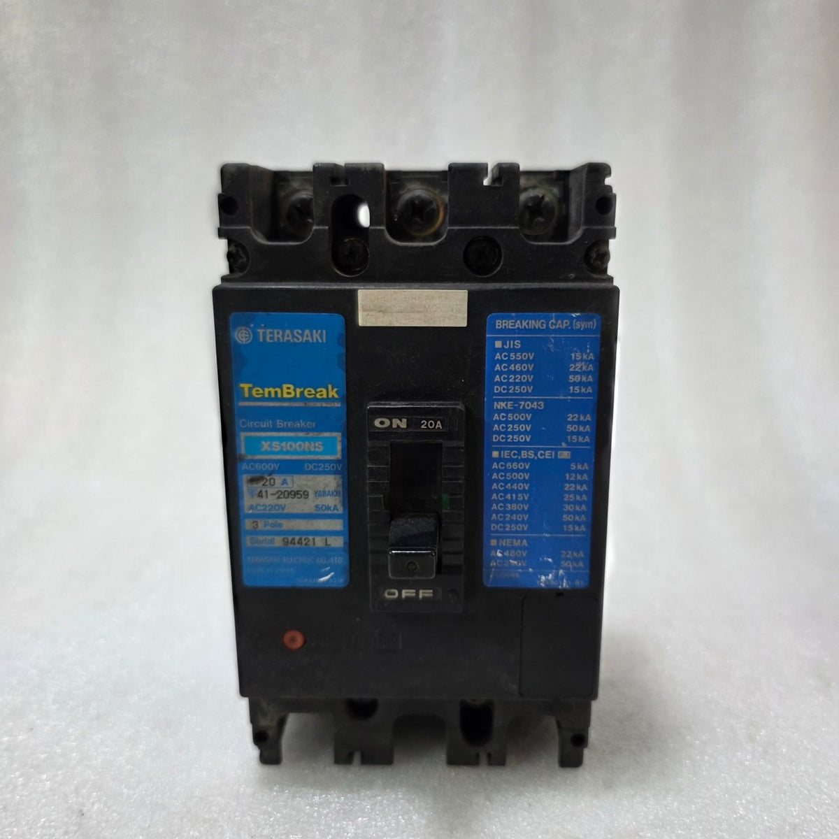 TERASAKI TEMBREAK XS100NS 3 POLE CIRCUIT BREAKER 20A | AC600V / DC250V MCCB
