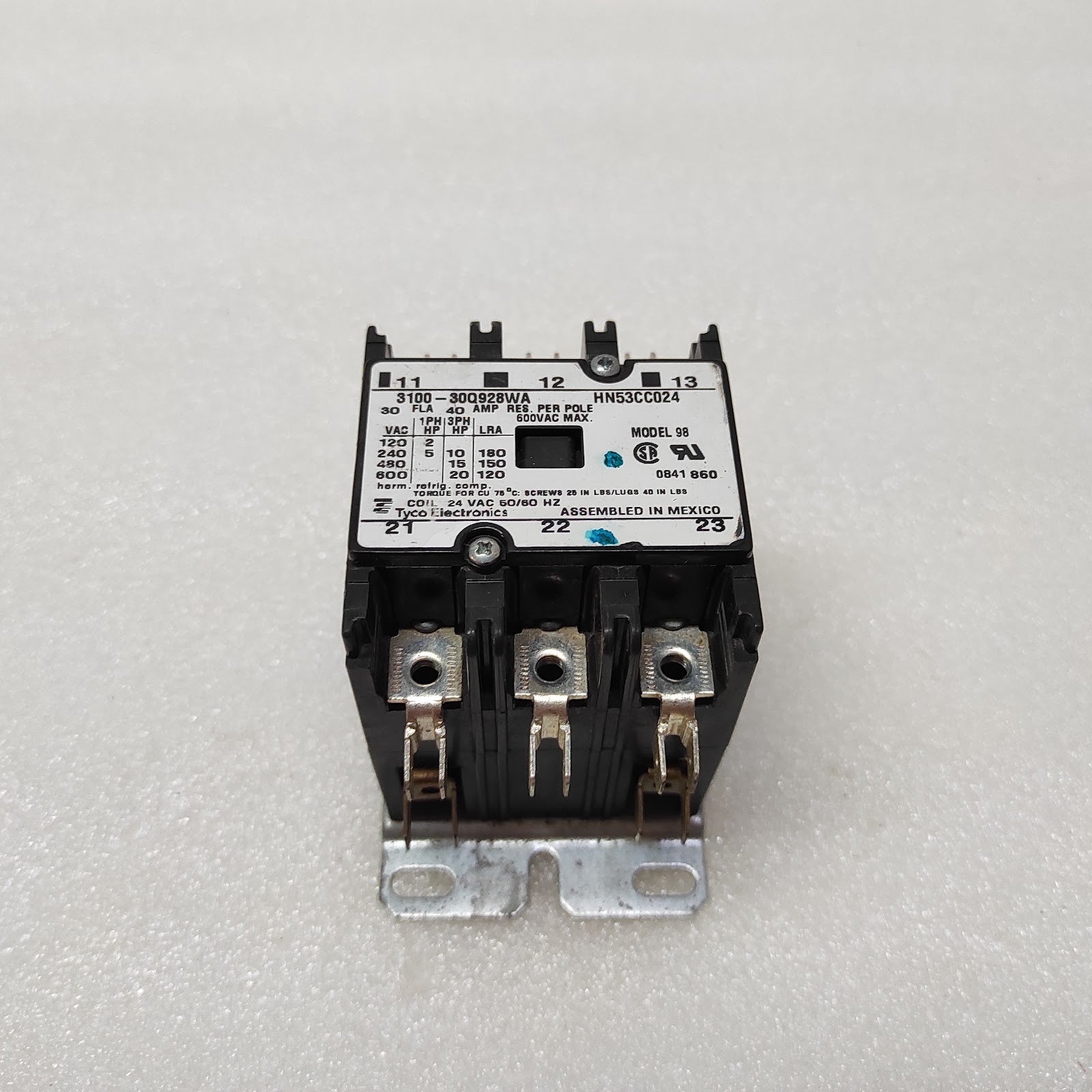 TYCO ELECTRONICS 3100-30Q928WA CONTACTOR HN53CC024 COIL VOLTAGE 24VAC