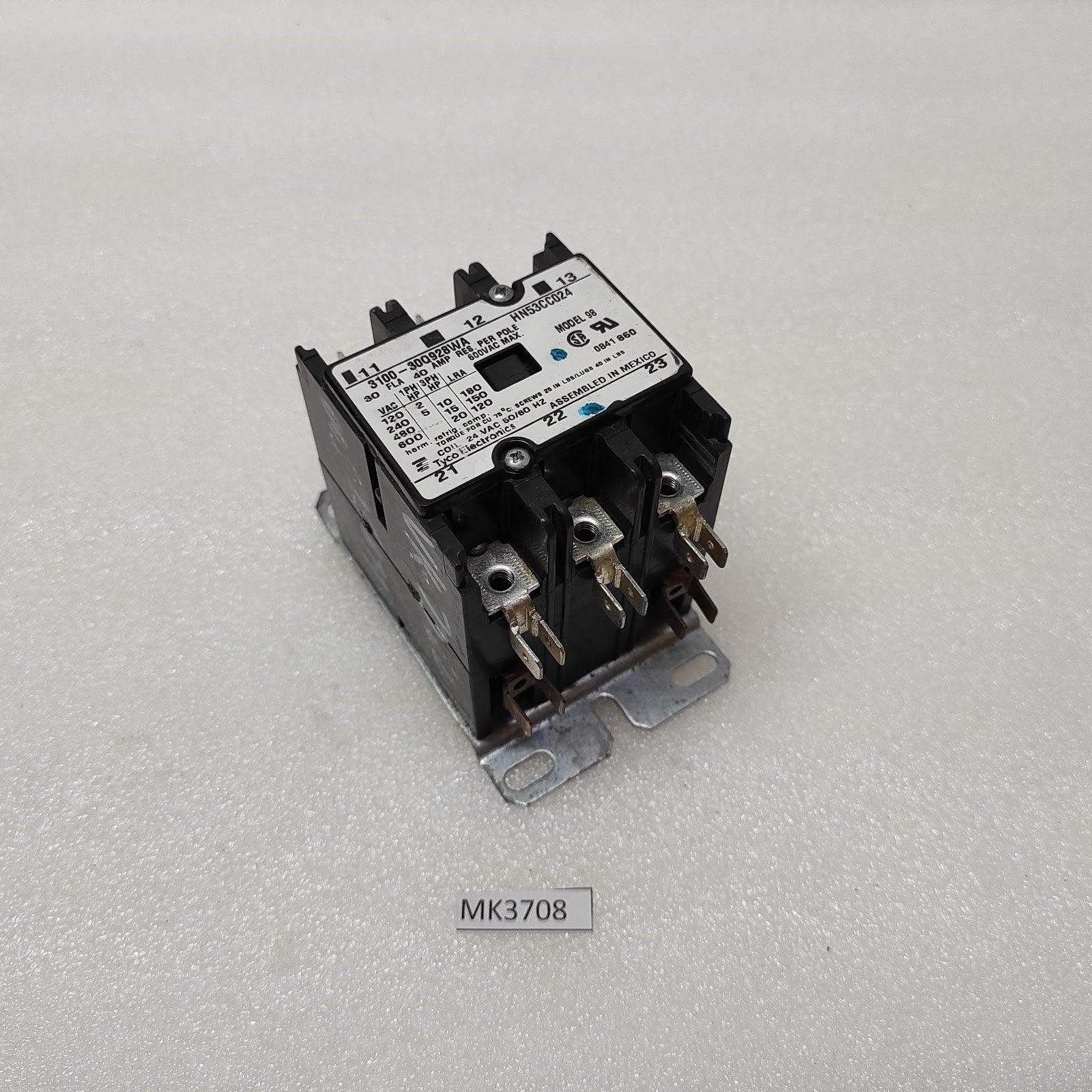 TYCO ELECTRONICS 3100-30Q928WA CONTACTOR HN53CC024 COIL VOLTAGE 24VAC