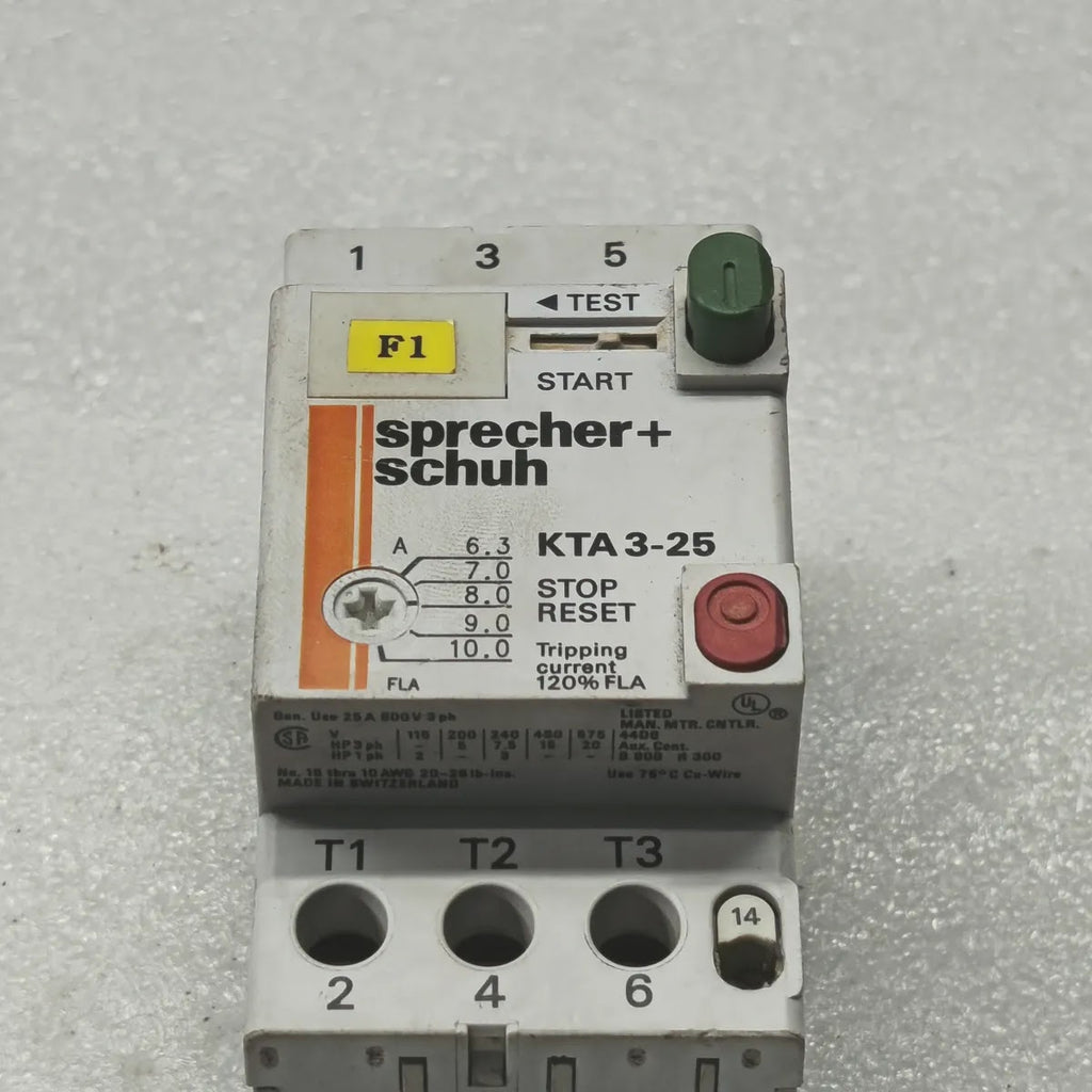 Sprecher+Schuh KTA 3-25 Motor Breaker 6.3-10A 600V + KT 3-25-PE1-10 Aux Block