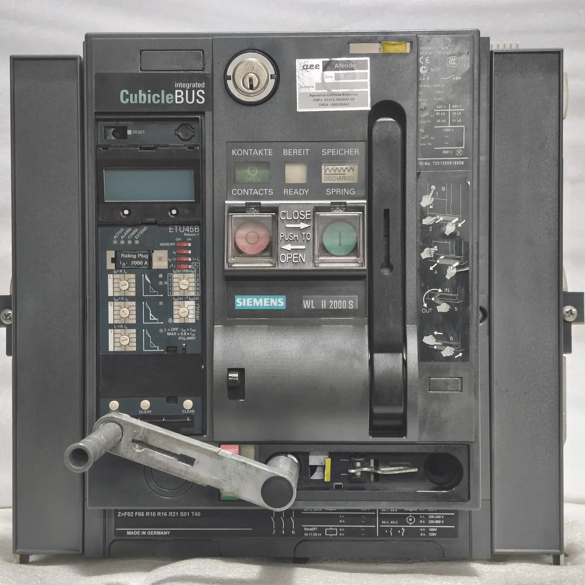 Siemens WL II 2000 S ACB 3WL1220-3FB36-4GA4 2000A 1000V CubicleBUS