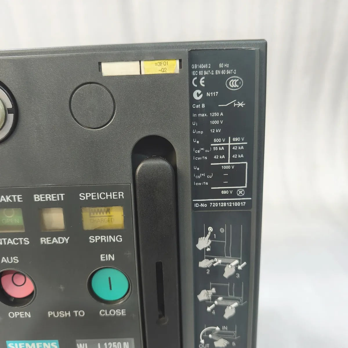 Siemens 3WL1112-2CB45-4GS4-Z Air Circuit Breaker WL I 1250 N 1250A 690V 4-Pole
