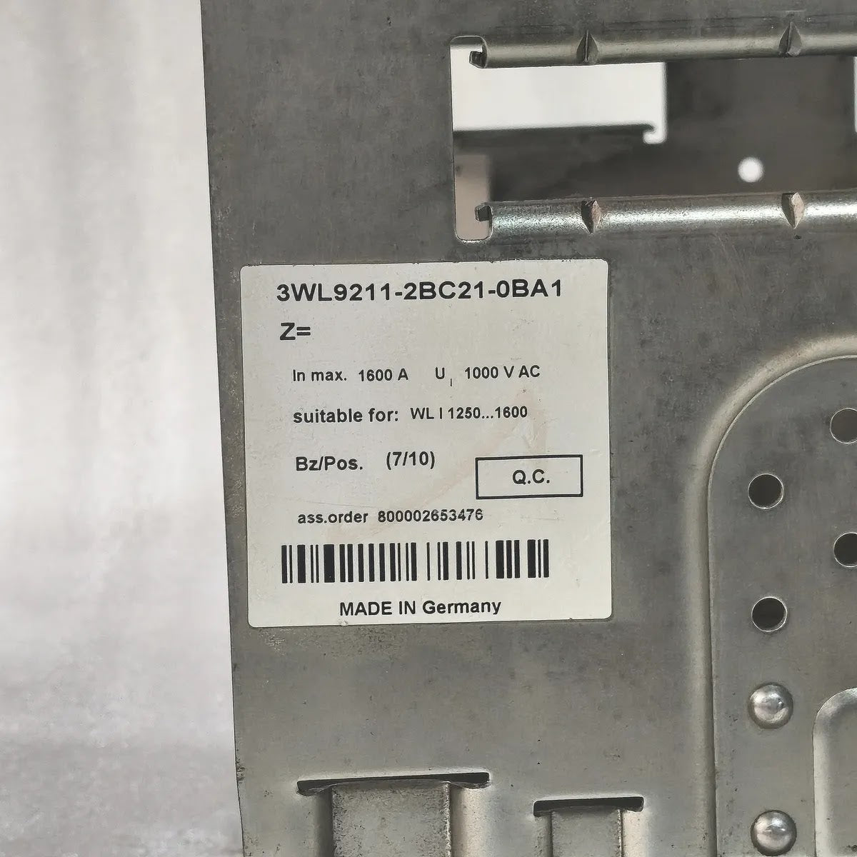 Siemens 3WL1112-2CB46-4GS4-Z ACB WL I 1250 N 1250A 1000V 12kV Rating Plug 1250A