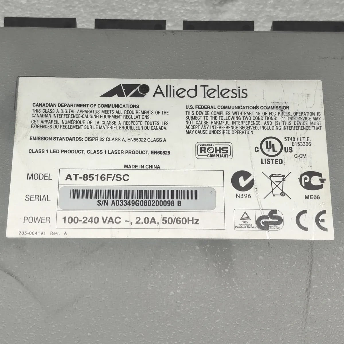 ALLIED TELESIS AT-8516F/SC 100Base-FX Fast Ethernet Switch RS-232 Terminal Port