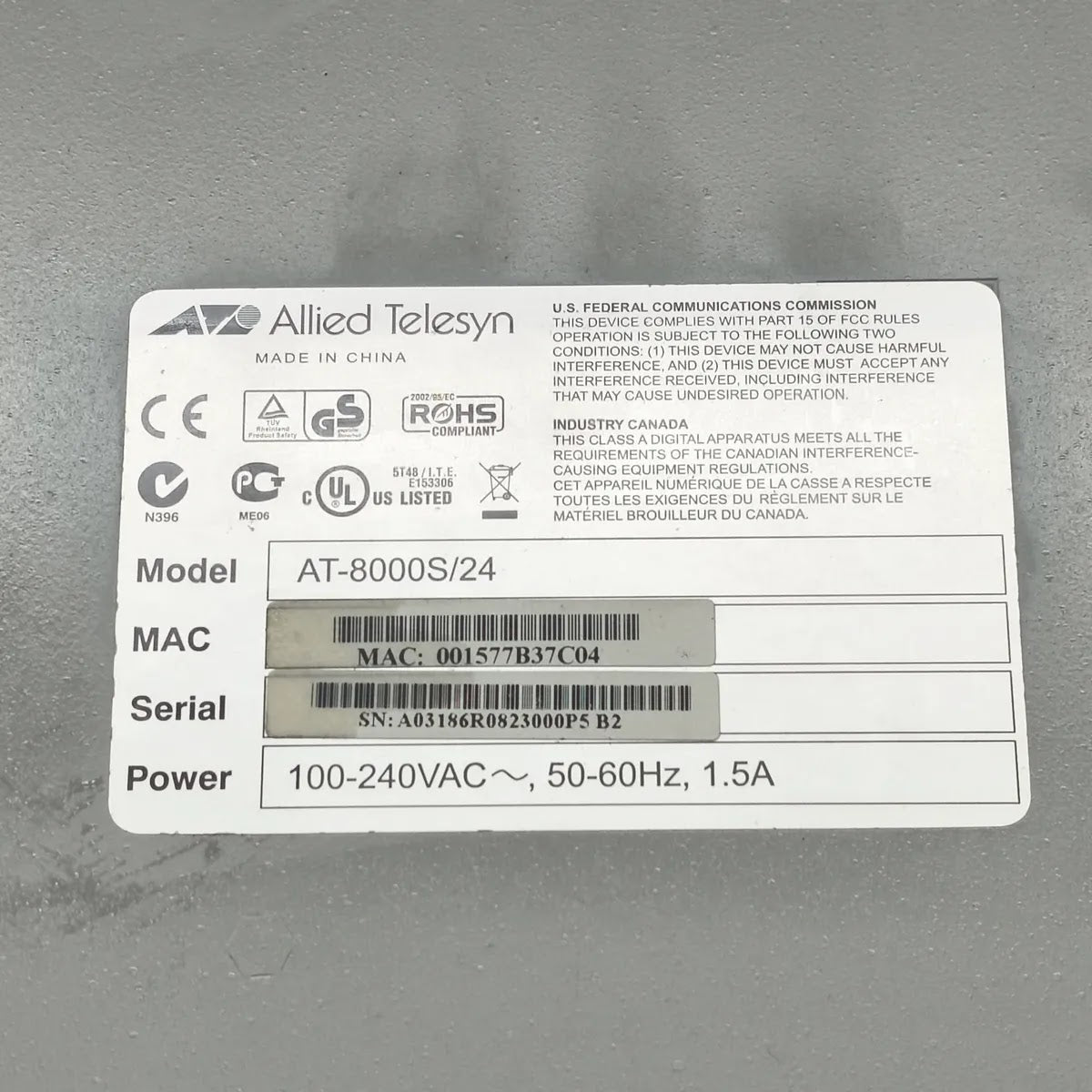 ALLIED TELESYN AT-8000S/24 Managed Ethernet Switch 100-240VAC 50-60Hz 1.5A