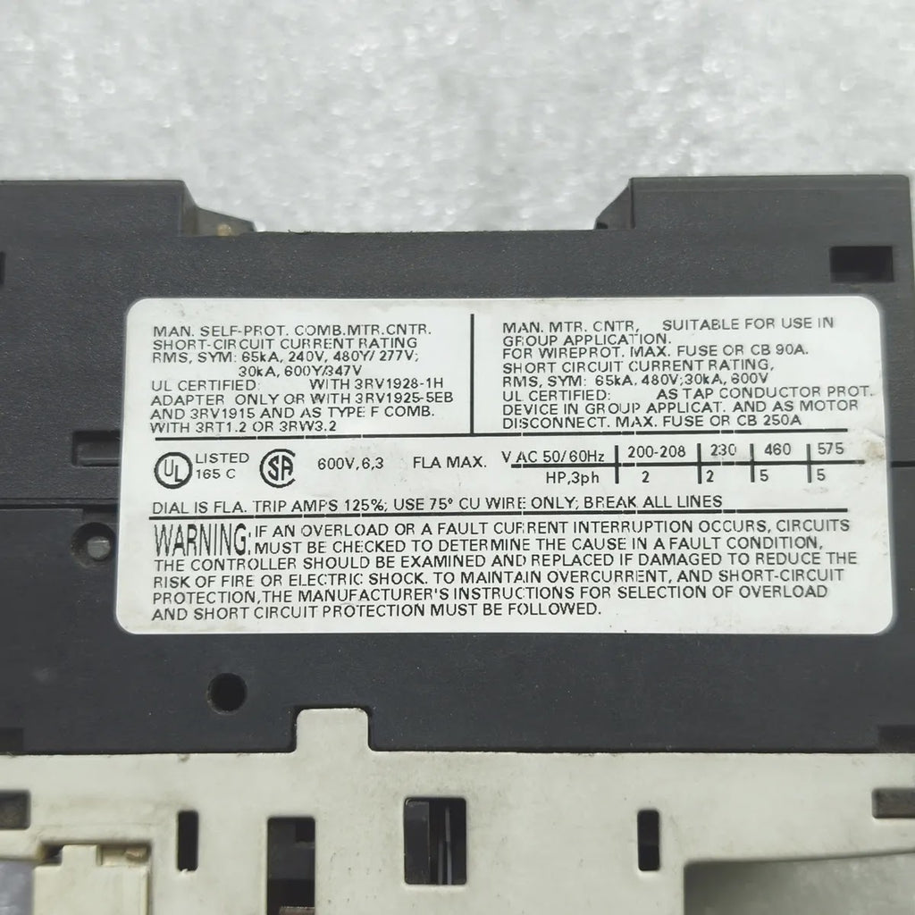 SIEMENS 3RV1021-1GA15 SIRIUS Motor Starter Protector 4.5-6.3A 690V 100kA CLASS