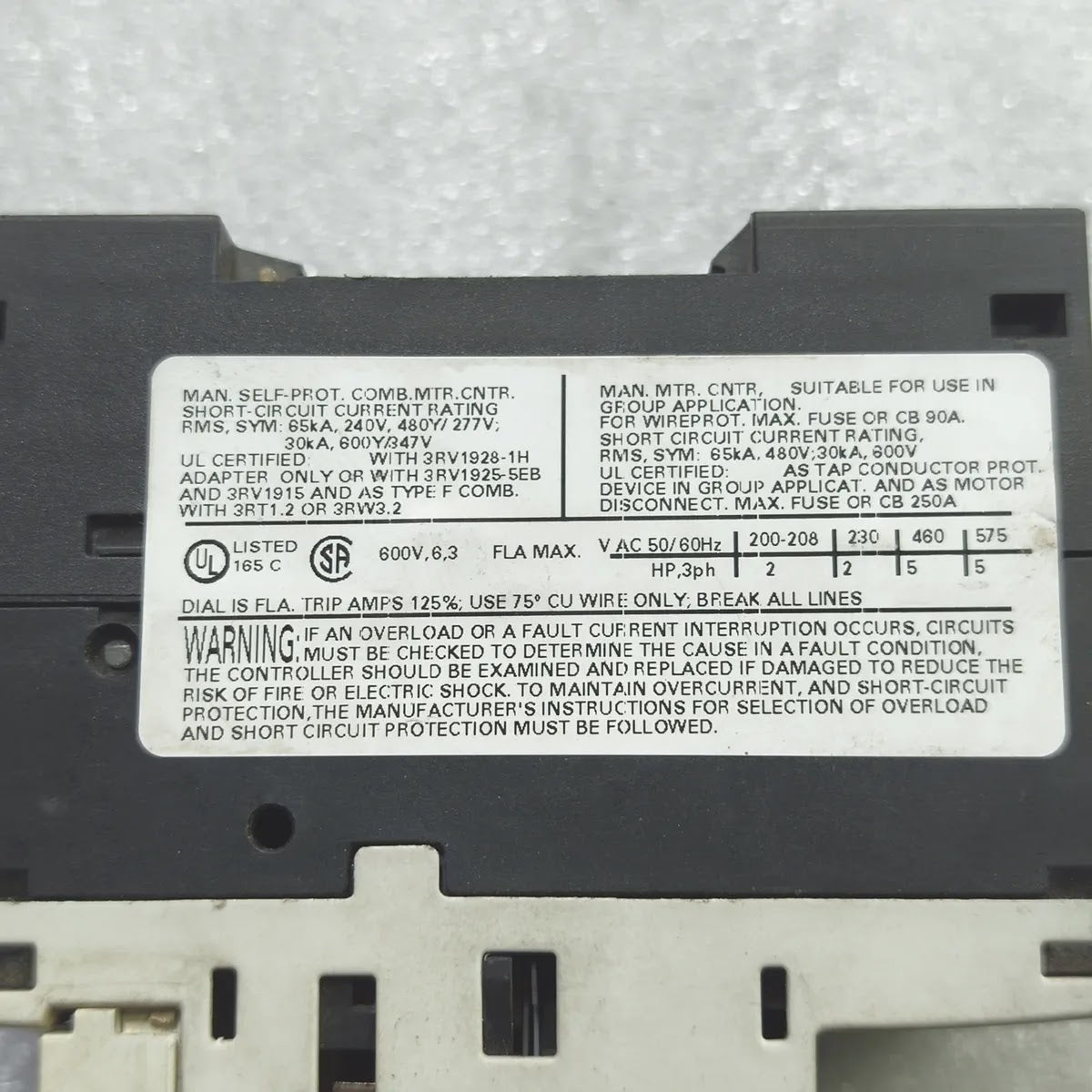 SIEMENS 3RV1021-1GA15 SIRIUS Motor Starter Protector 4.5-6.3A 690V 100kA CLASS