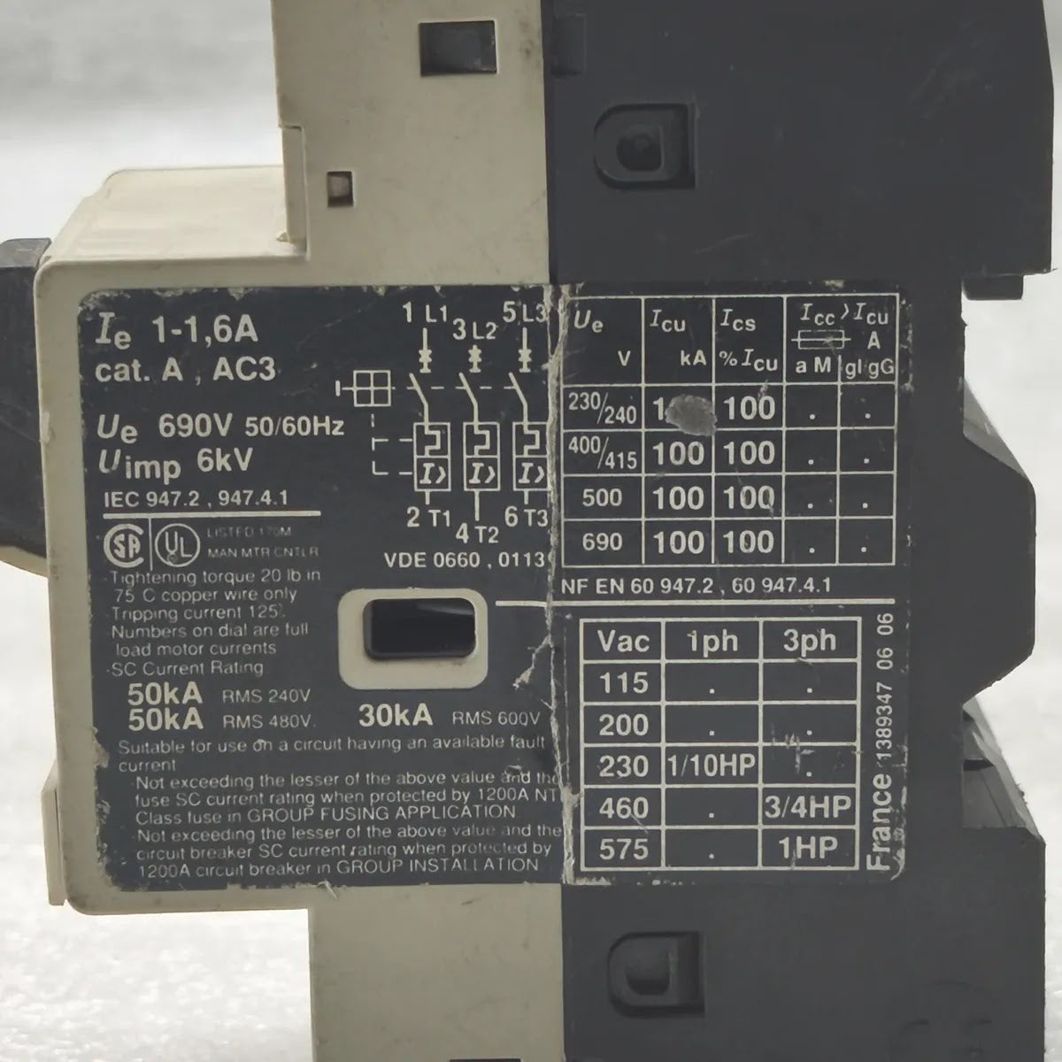 TELEMECANIQUE GV2-M06 Motor Circuit Breaker 1-1.6A 690V 50/60Hz 3-Pole