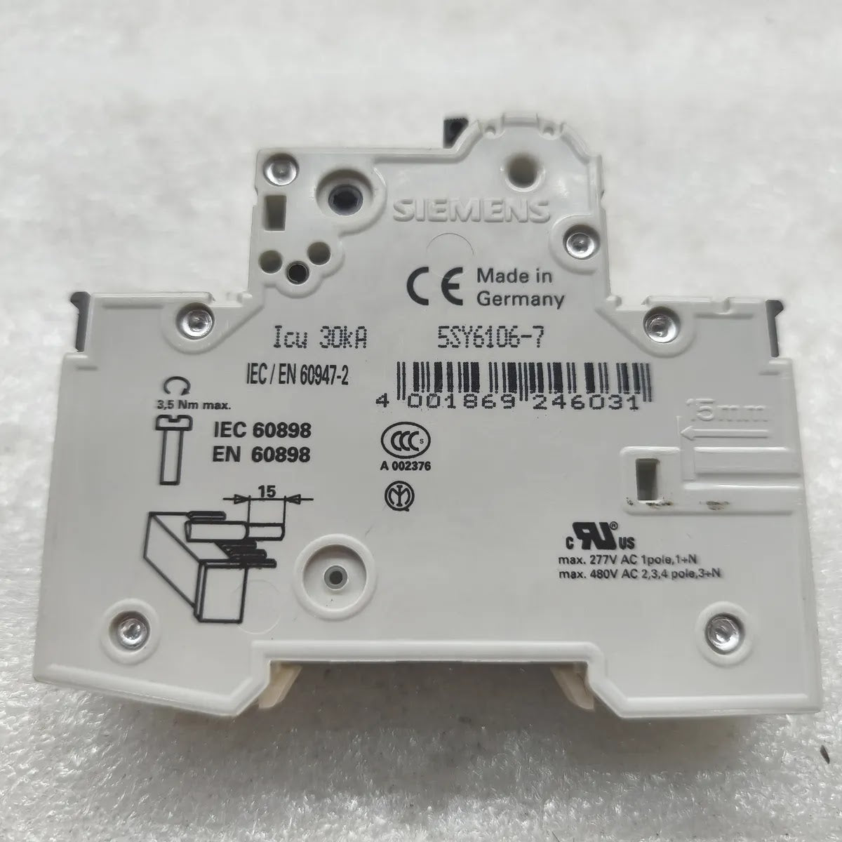SIEMENS 5SY6106-7 MCB C6 230/400V 1-POLE 6A Icu 30kA Miniature Circuit Breaker