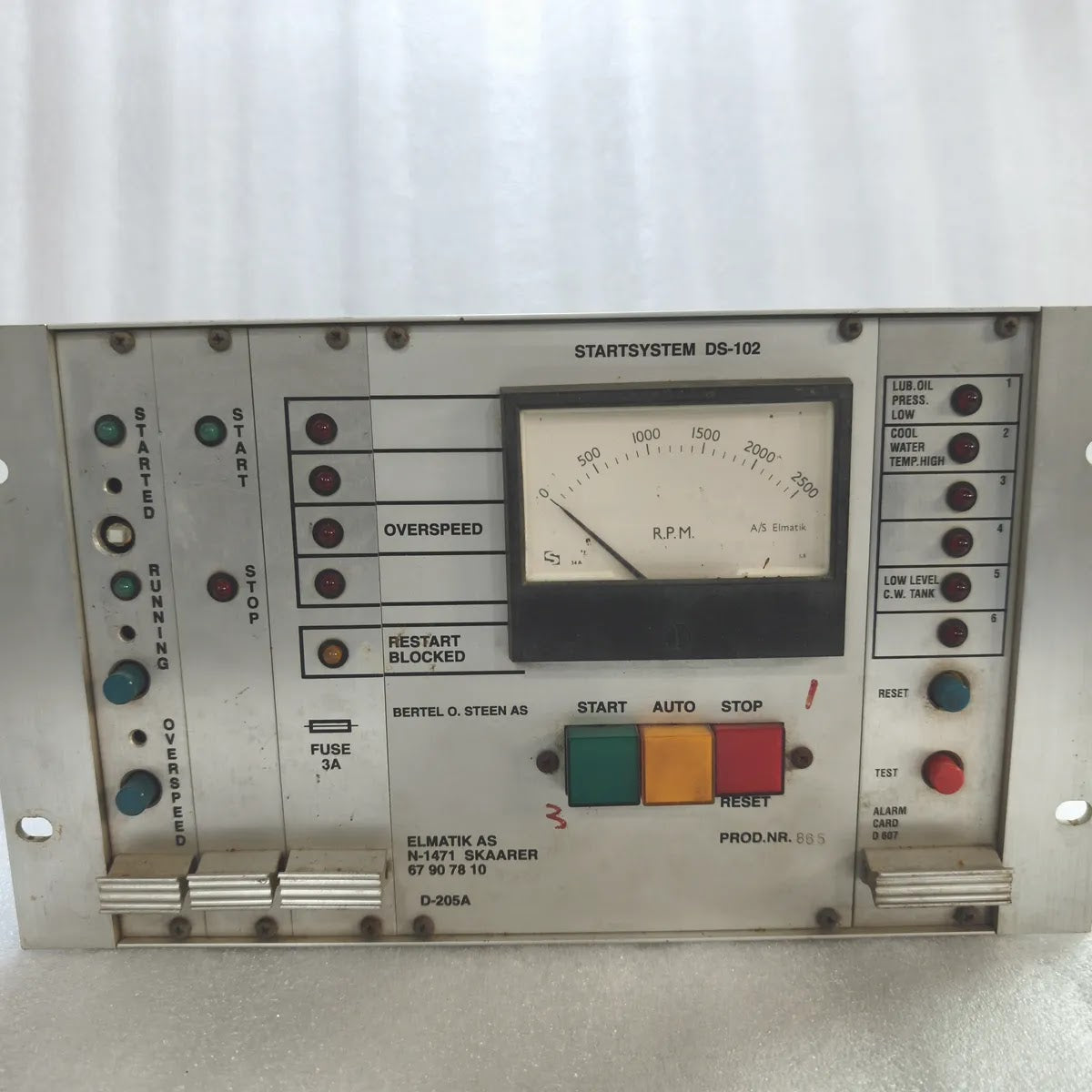 ELMATIK AS STARTSYSTEM DS-102 Engine Start Control Panel PROD.NR. 865 FUSE 3A