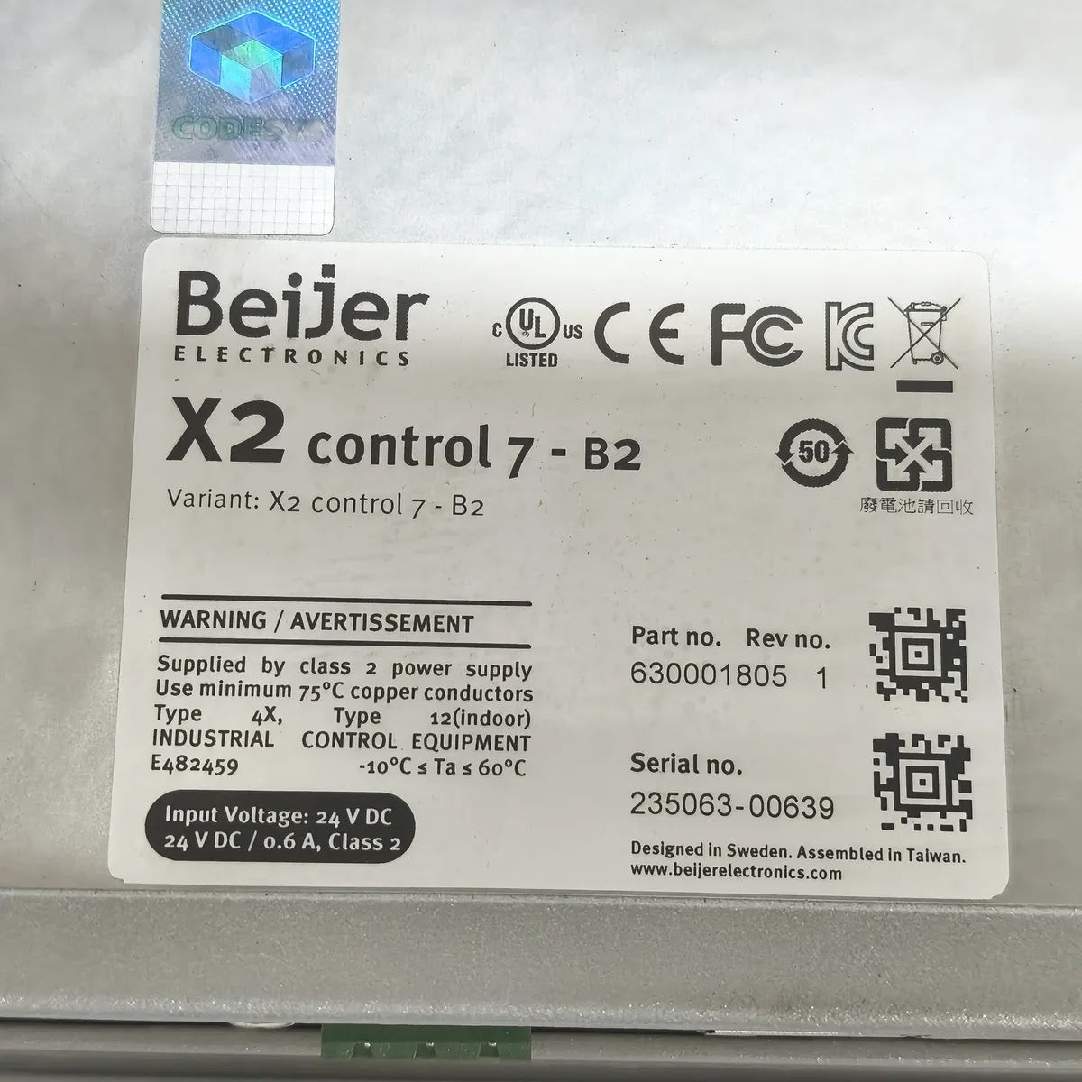 Beijer Electronics X2 control 7-B2 HMI Panel 630001805 24VDC LAN A/B COM Rev 1