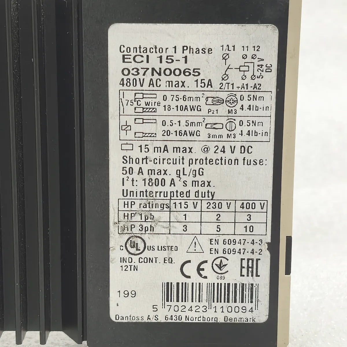 DANFOSS ECI 15-1 037N0065 CI-TRONIC 1-PHASE SOLID STATE CONTACTOR 15A 480V
