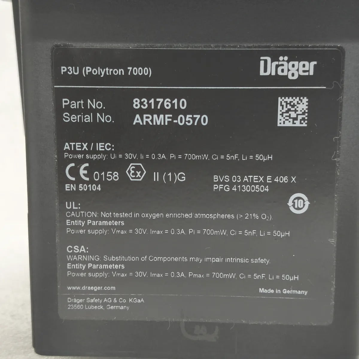 DRÄGER Polytron 7000 P3U Gas Detector Transmitter Part No. 8317610 ATEX IEC II