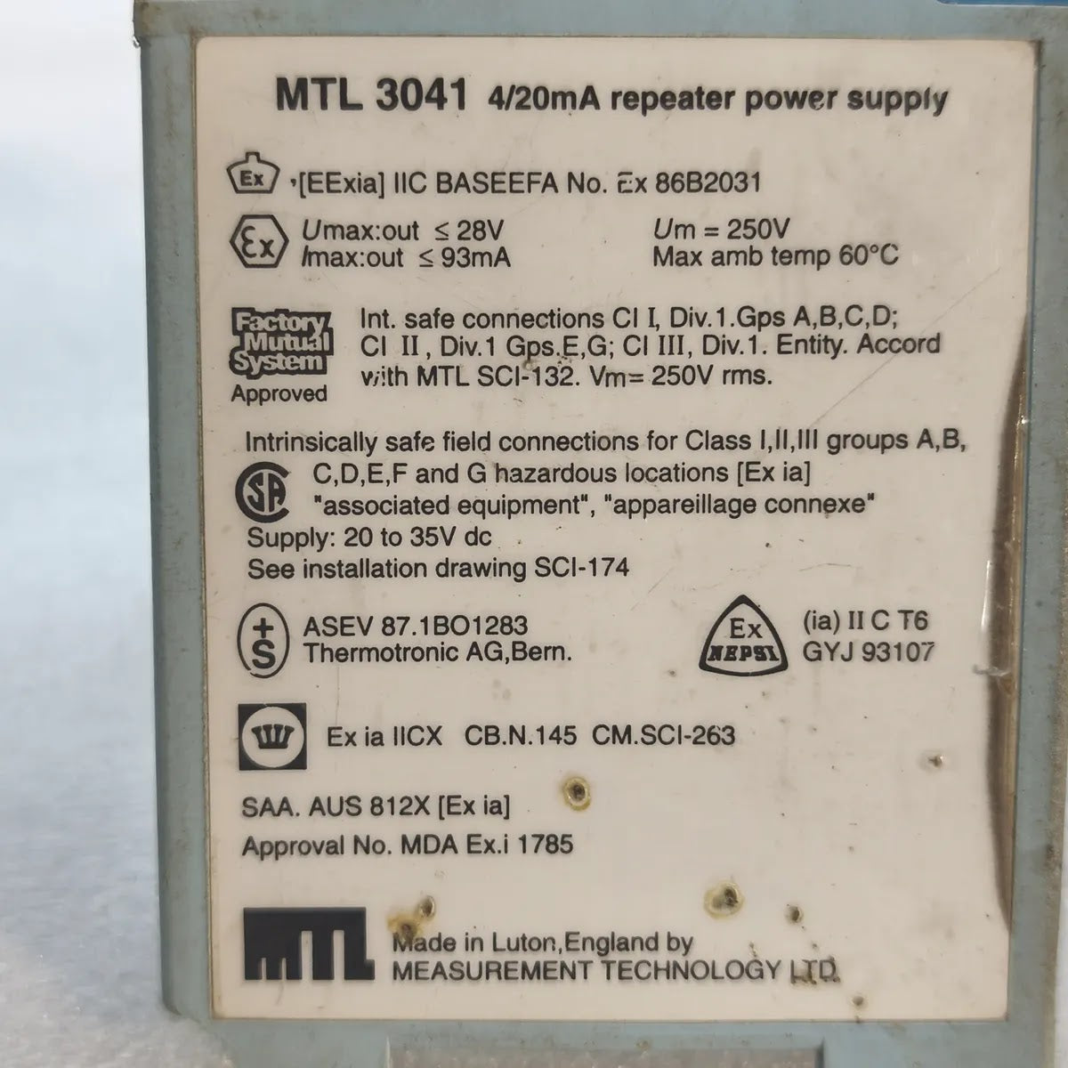 MTL 3041 Repeater Power Supply 4/20mA 20-35V DC
