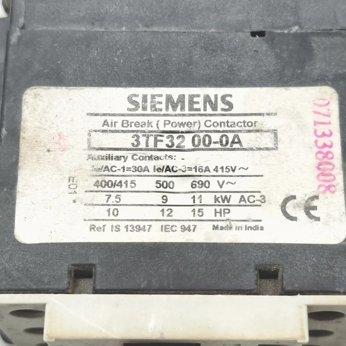 SIEMENS 3TF3200-0A Power Contactor 3P 16A AC-3 415V
