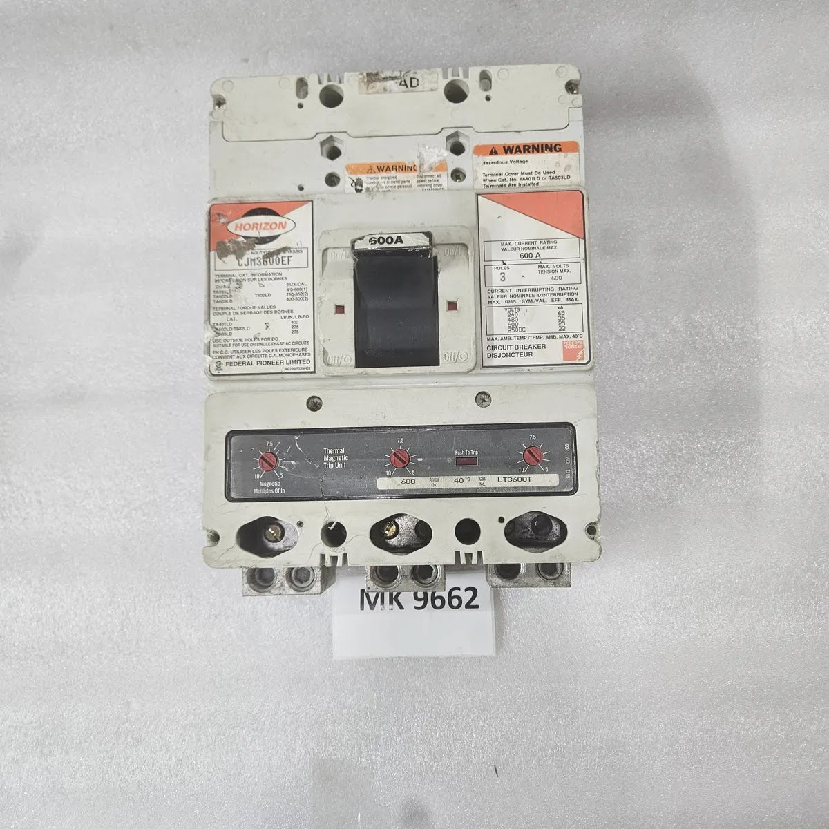 Federal Pioneer CJM3600EF 600A 3P 600V Thermal Magnetic Breaker