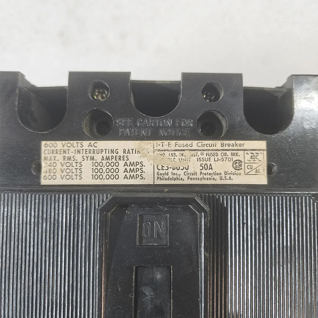 Gould ITE CE3-B050 Fused Circuit Breaker 50A 600V 100kA 3P UV Release