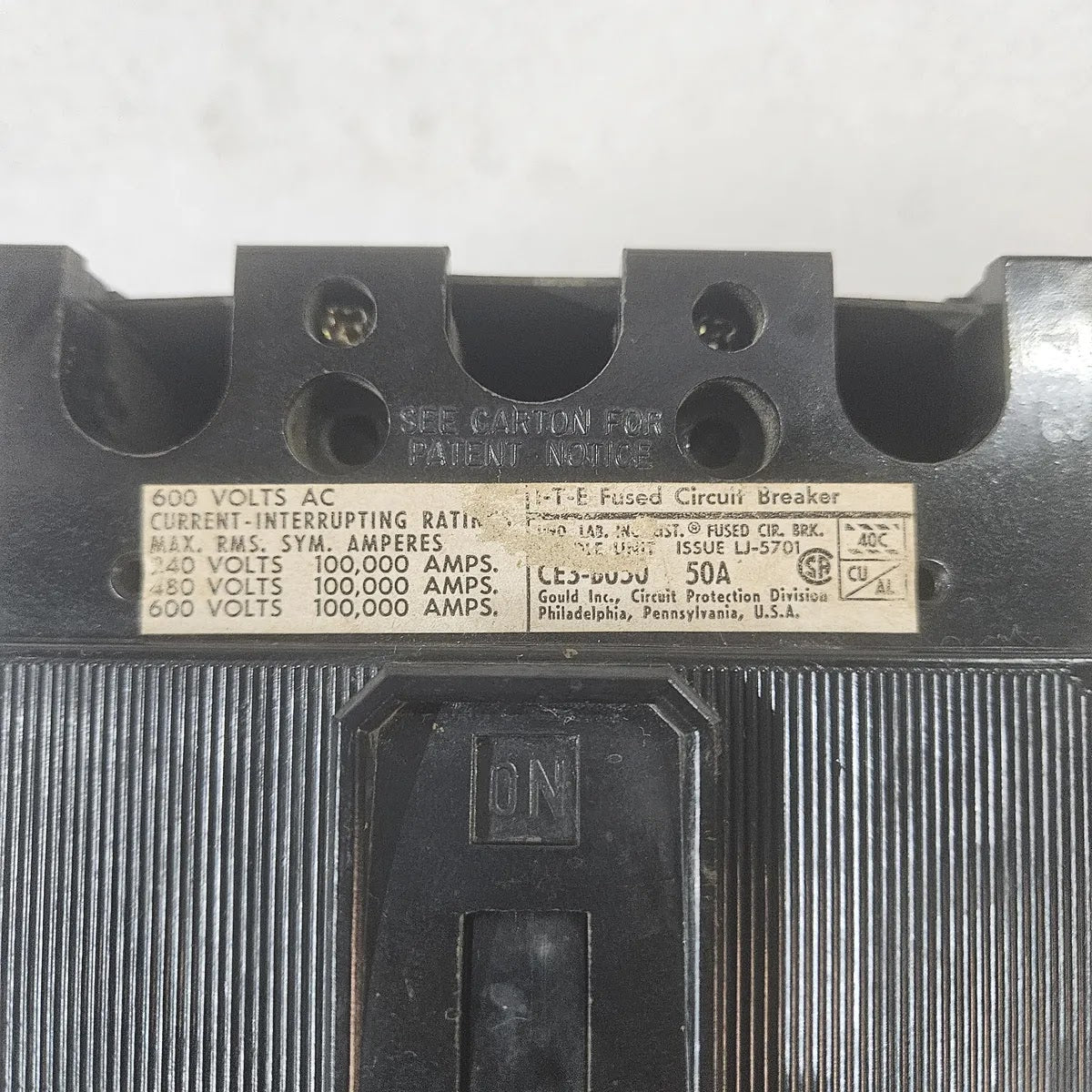 Gould ITE CE3-B050 Fused Circuit Breaker 50A 600V 100kA 3P UV Release