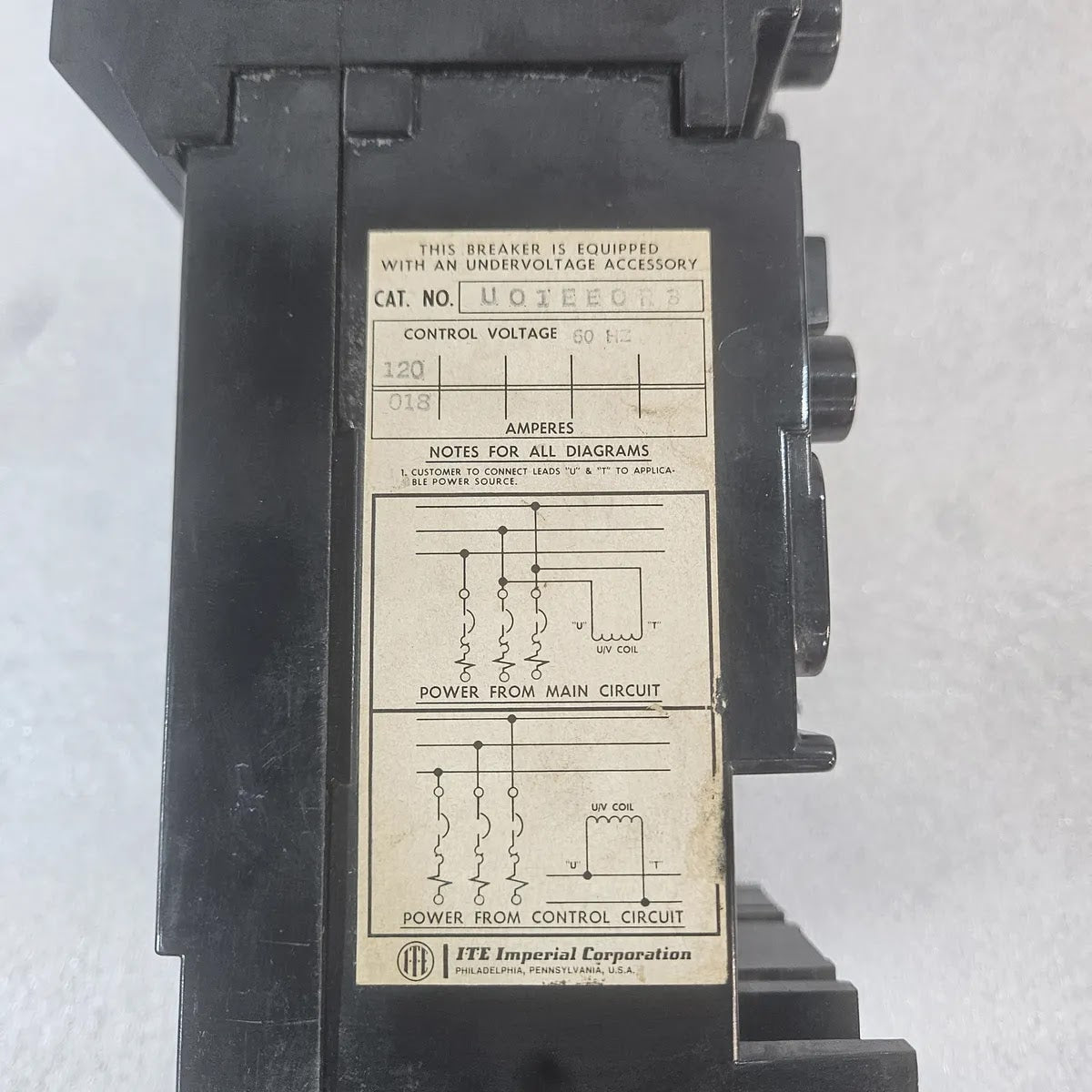 ITE IMPERIAL GORDON Circuit Breaker UOIEEORS WITH UNDERVOLTAGE ACCESSORY 120V