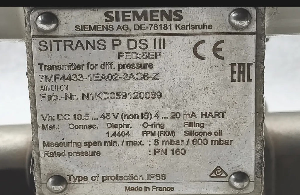 Siemens 7MF4433-1EA02-2AC6-Z SITRANS P DS III DP Transmitter 4-20mA HART PN160